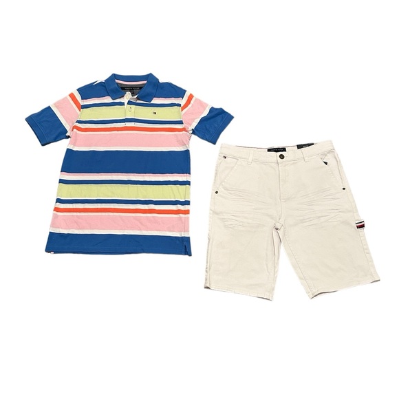 Tommy Hilfiger Blue Pink Striped Shirt and White Shorts 2-PC Set Retail $89 - Picture 1 of 7
